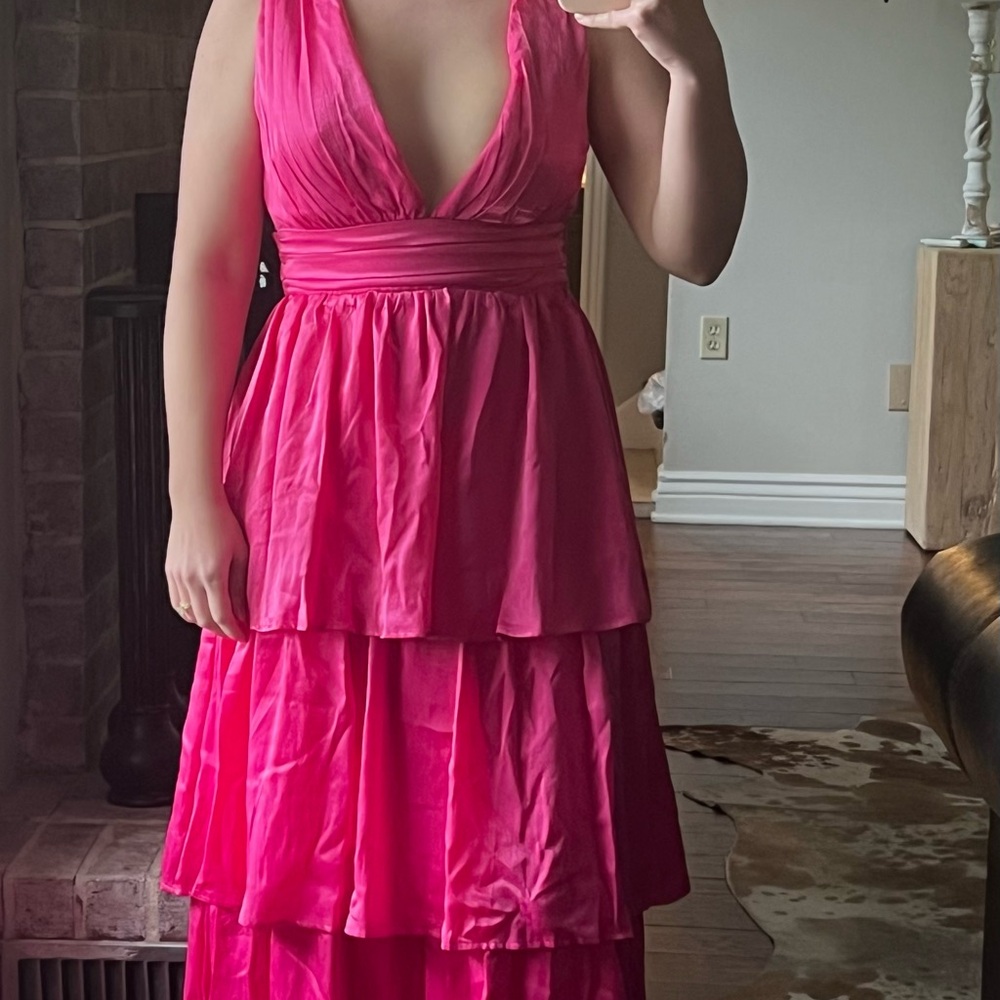 Pink Tiered Ruched Midi Sundress for Wedding Guest